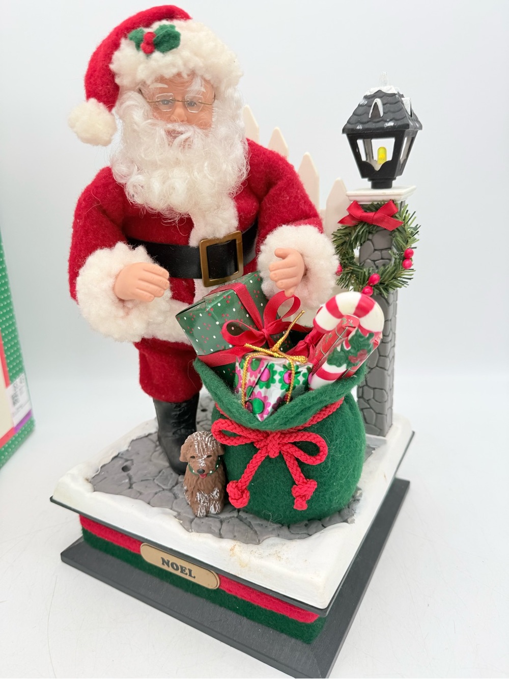 Vintage Christmas Trim A Home Musical Scene Santa Claus W/ Bag Of Presents & Dog